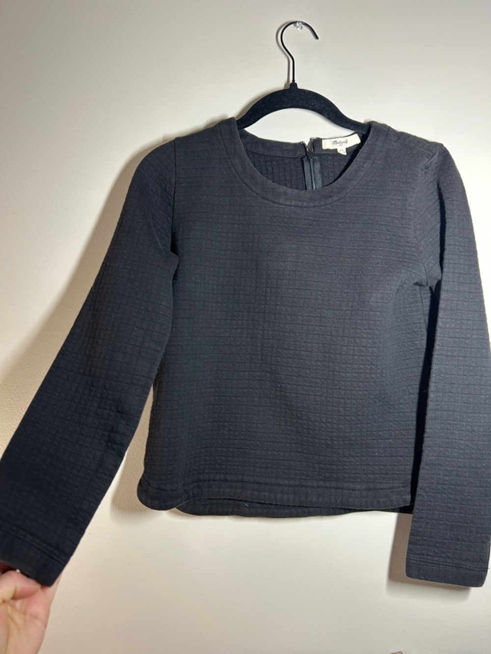 Madewell Black Ribbed Quilted Crewneck Top with Back Zipper 100% cotton outer